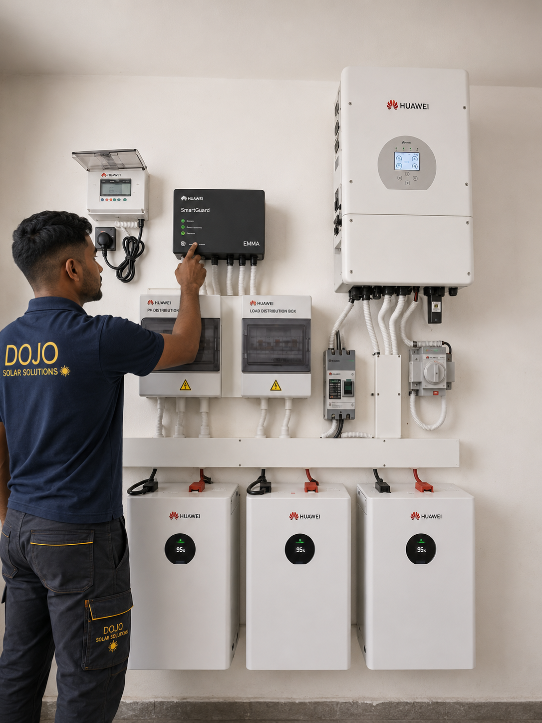 DOJO technician installing a hybrid solar inverter and battery system in Mauritius