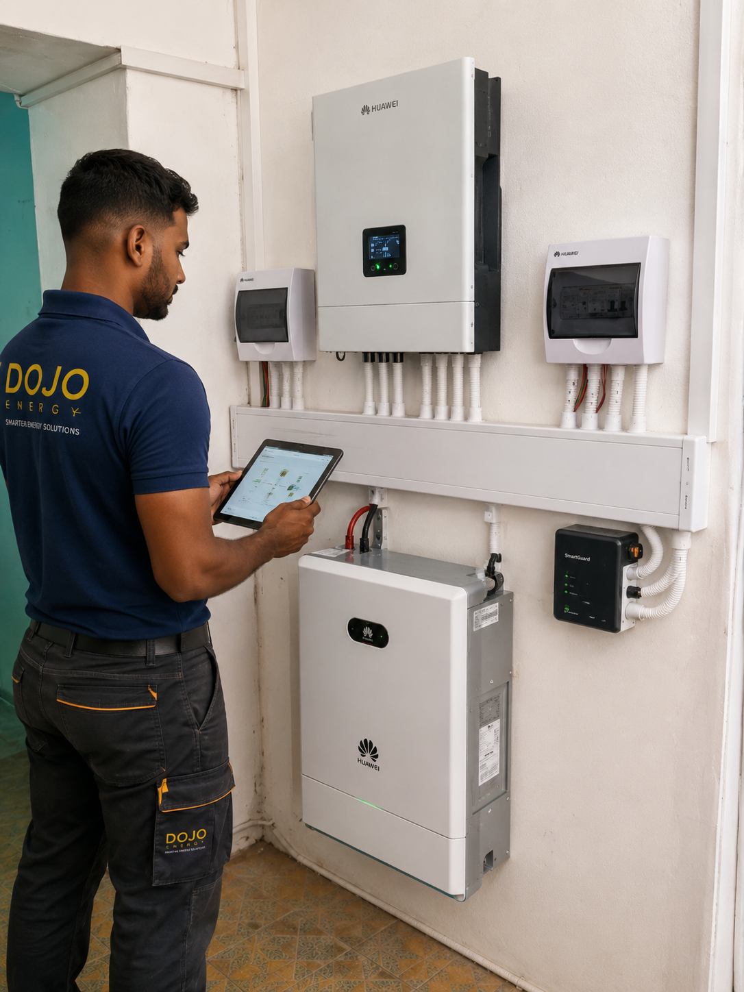 DOJO technician commissioning a solar battery storage system in Mauritius