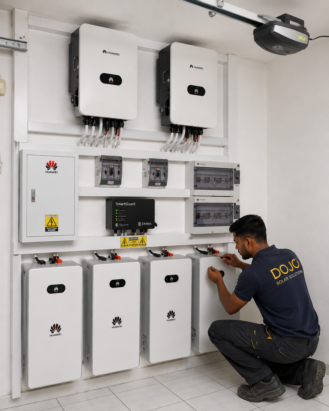 DOJO technicians installing solar inverters and battery storage in Mauritius